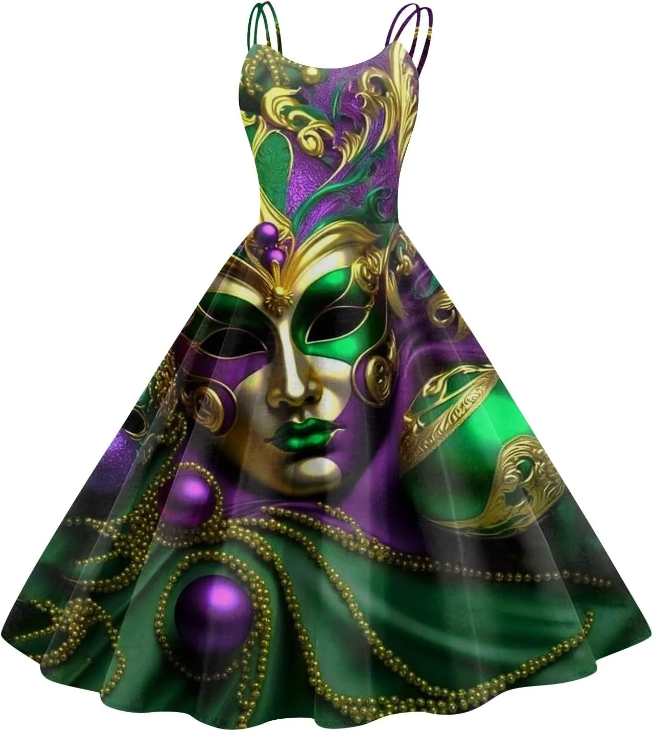 Mardi Gras Dress for Women Carnival Print Sexy Spaghetti Strap Cocktail Punk Vintage A-Line Swing Midi Dresses
