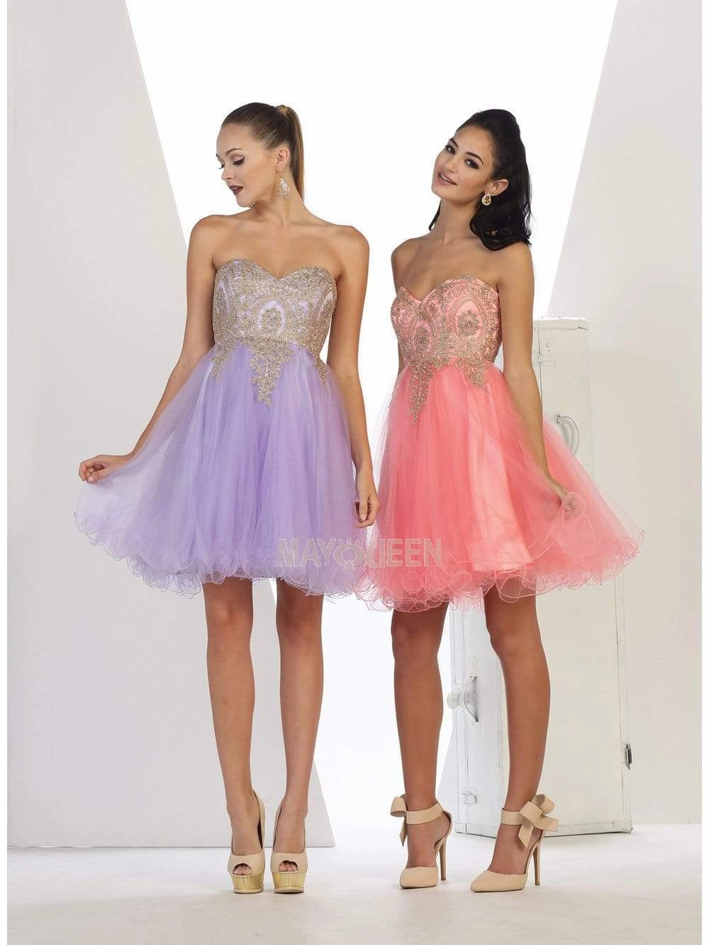 May Queen - MQ1414 Lace Appliqued Strapless Sweetheart Cocktail Dress