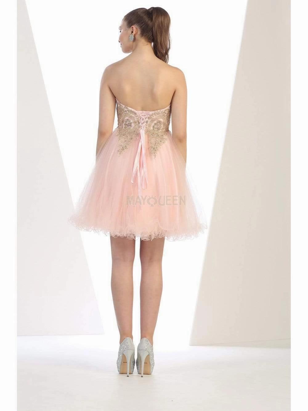 May Queen - MQ1414 Lace Appliqued Strapless Sweetheart Cocktail Dress