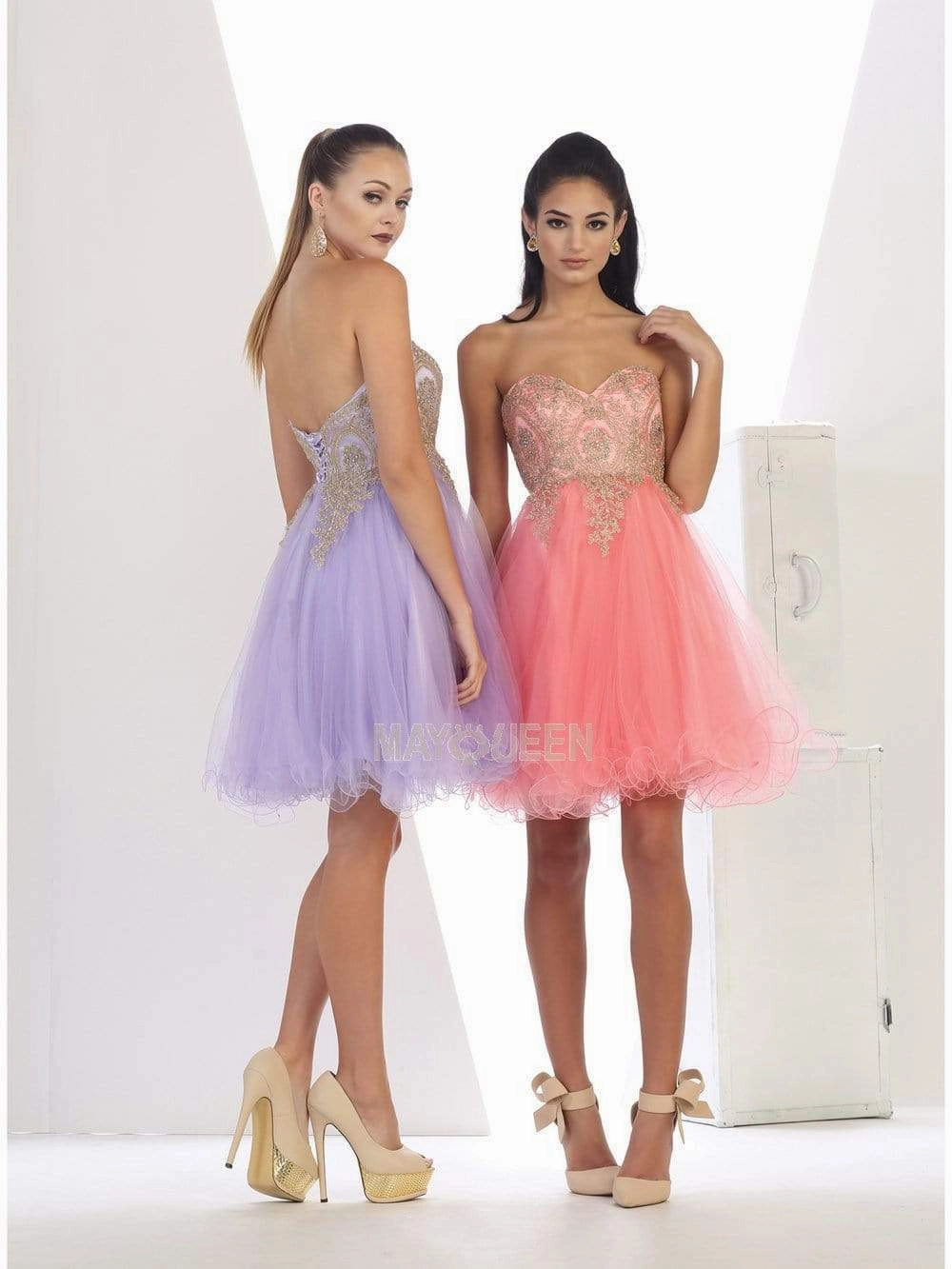 May Queen - MQ1414 Lace Appliqued Strapless Sweetheart Cocktail Dress