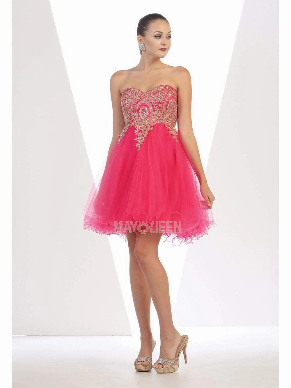 May Queen - MQ1414 Lace Appliqued Strapless Sweetheart Cocktail Dress