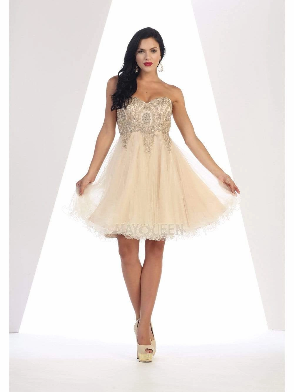 May Queen - MQ1414 Lace Appliqued Strapless Sweetheart Cocktail Dress