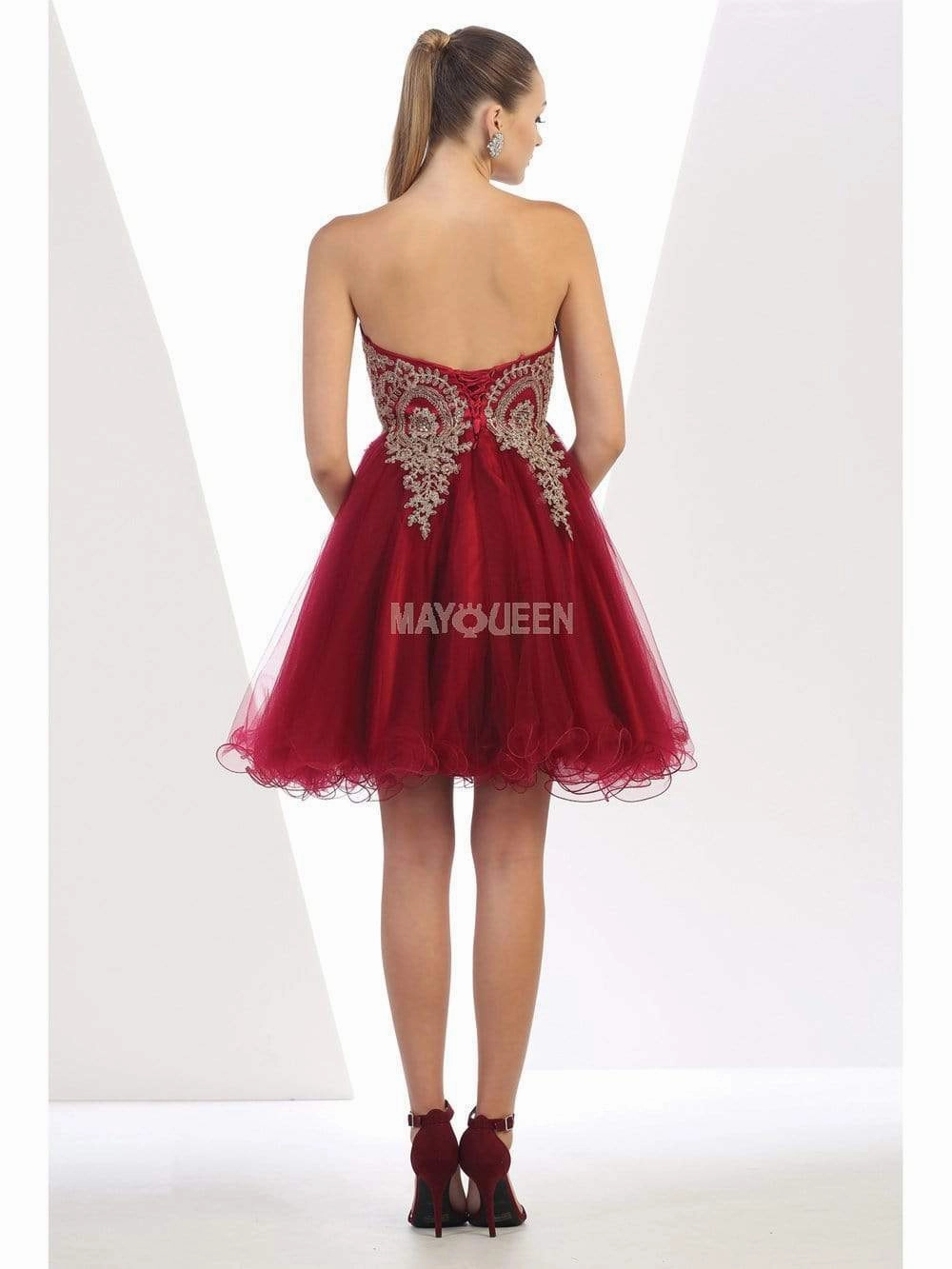May Queen - MQ1414 Lace Appliqued Strapless Sweetheart Cocktail Dress