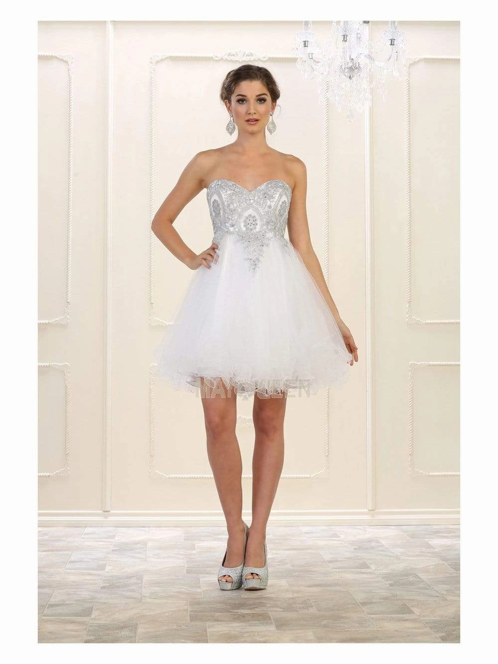 May Queen - MQ1414 Lace Appliqued Strapless Sweetheart Cocktail Dress