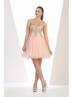 May Queen - MQ1414 Lace Appliqued Strapless Sweetheart Cocktail Dress