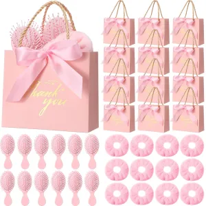 Meanplan 36 Pcs Bridesmaid Proposal Gifts 12 Mini Hair Brushes 12 Plush Scrunchies 12 Pink Thank You Gift Bags with Ribbons for Wedding Party Favors Bridal Shower Gifts Bachelorette Spa Party Supply