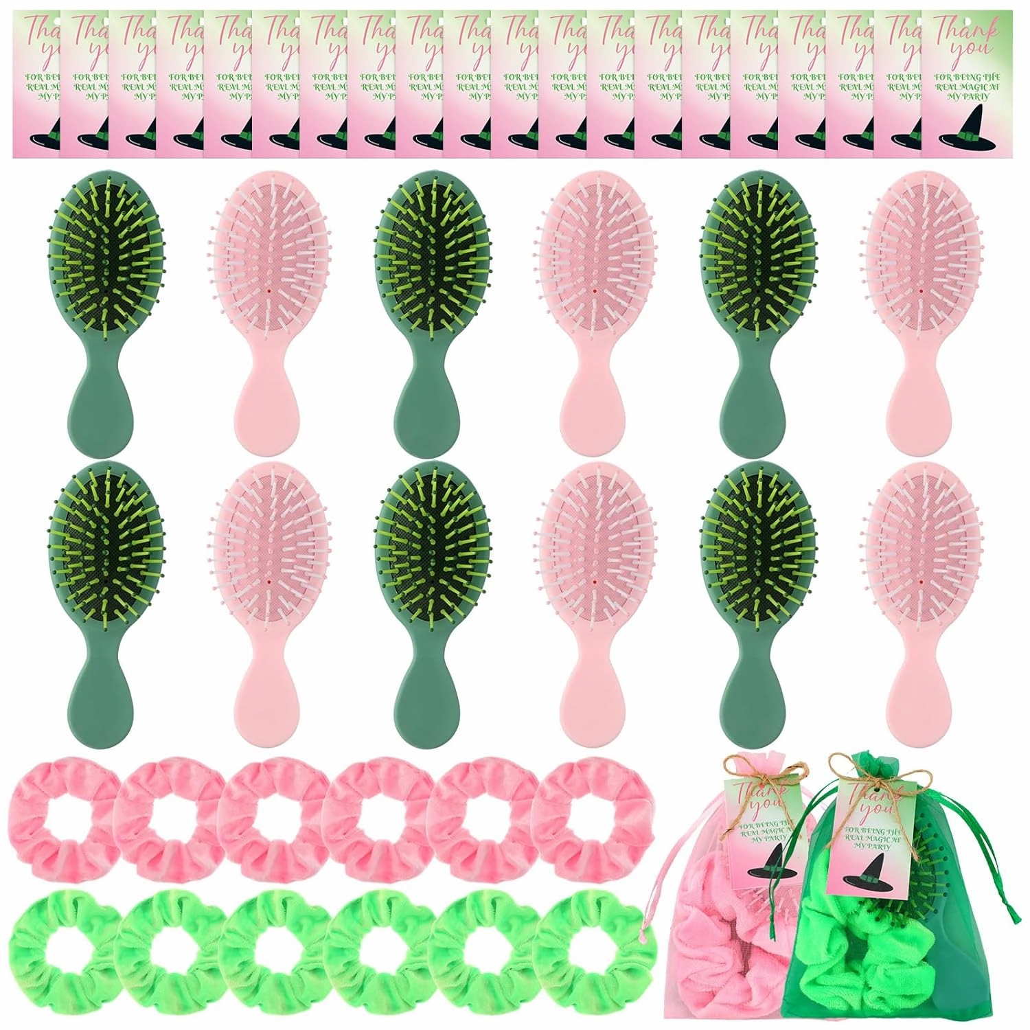 Meanplan 12 Set Pink Green Witch Party Favors Gifts Pink Green Mini Hairbrush Hair Scrunchies Witch and Princess Movie Fan Gifts with Cards and Bag for Birthday Party Decorations Supplies
