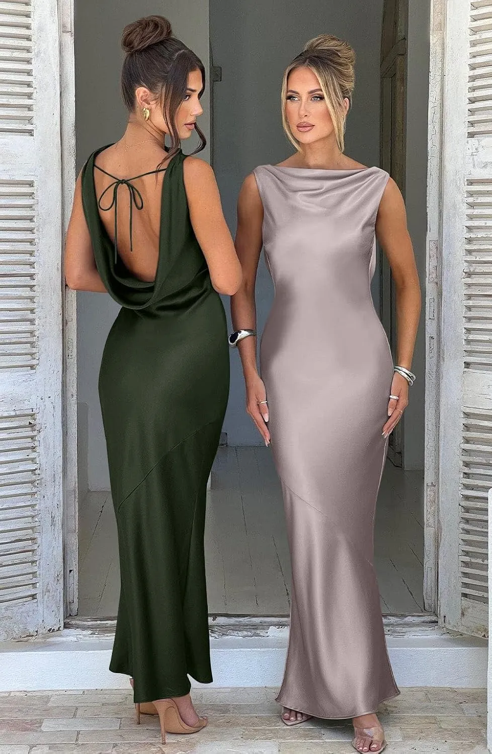 Memoriesea Women's Satin Elegant Sleeveless High Neck Tie Cocktail Party Maxi Dress