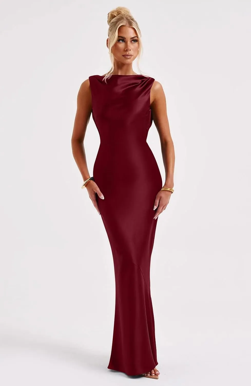Memoriesea Women's Satin Elegant Sleeveless High Neck Tie Cocktail Party Maxi Dress