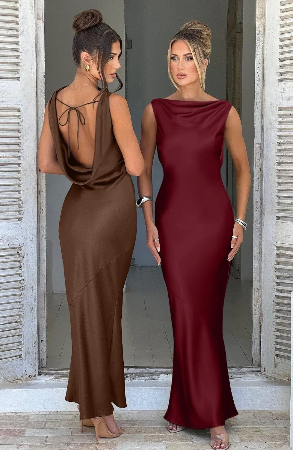 Memoriesea Women's Satin Elegant Sleeveless High Neck Tie Cocktail Party Maxi Dress