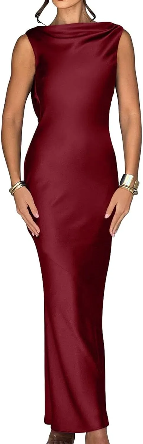 Memoriesea Women's Satin Elegant Sleeveless High Neck Tie Cocktail Party Maxi Dress
