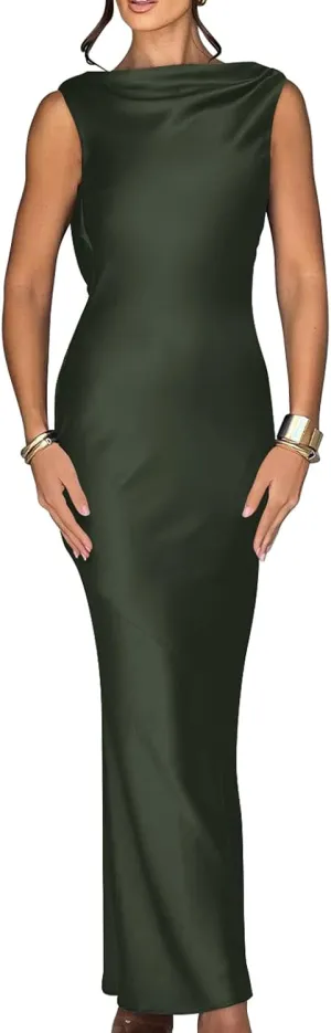 Memoriesea Women's Satin Elegant Sleeveless High Neck Tie Cocktail Party Maxi Dress