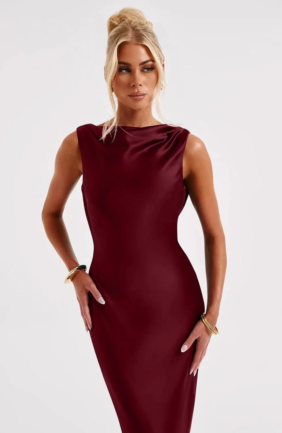 Memoriesea Women's Satin Elegant Sleeveless High Neck Tie Cocktail Party Maxi Dress