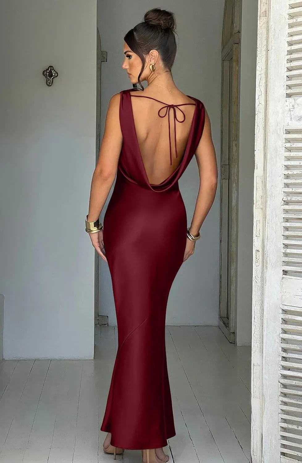 Memoriesea Women's Satin Elegant Sleeveless High Neck Tie Cocktail Party Maxi Dress