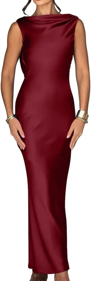 Memoriesea Women's Satin Elegant Sleeveless High Neck Tie Cocktail Party Maxi Dress