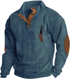 Mens Corduroy Shirts Casual Outdoor American Flag Print Graphic Sweatshirt 1/4 Button Up Mock Neck Pullover Sweater