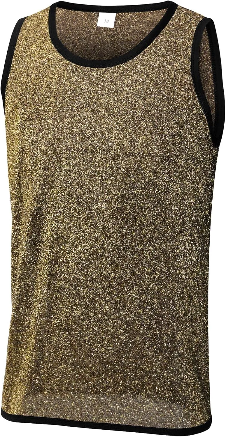 Men's Mesh Glitter Top Gold Sheer See Through Sleeveless Shirts Metallic Sequin Tank Sparkly Party Disco Tank Top