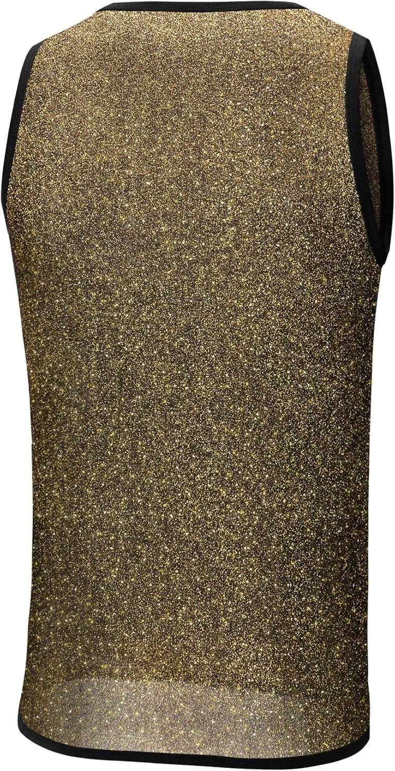 Men's Mesh Glitter Top Gold Sheer See Through Sleeveless Shirts Metallic Sequin Tank Sparkly Party Disco Tank Top