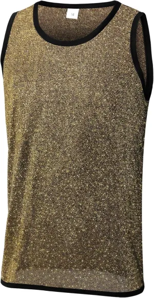 Men's Mesh Glitter Top Gold Sheer See Through Sleeveless Shirts Metallic Sequin Tank Sparkly Party Disco Tank Top