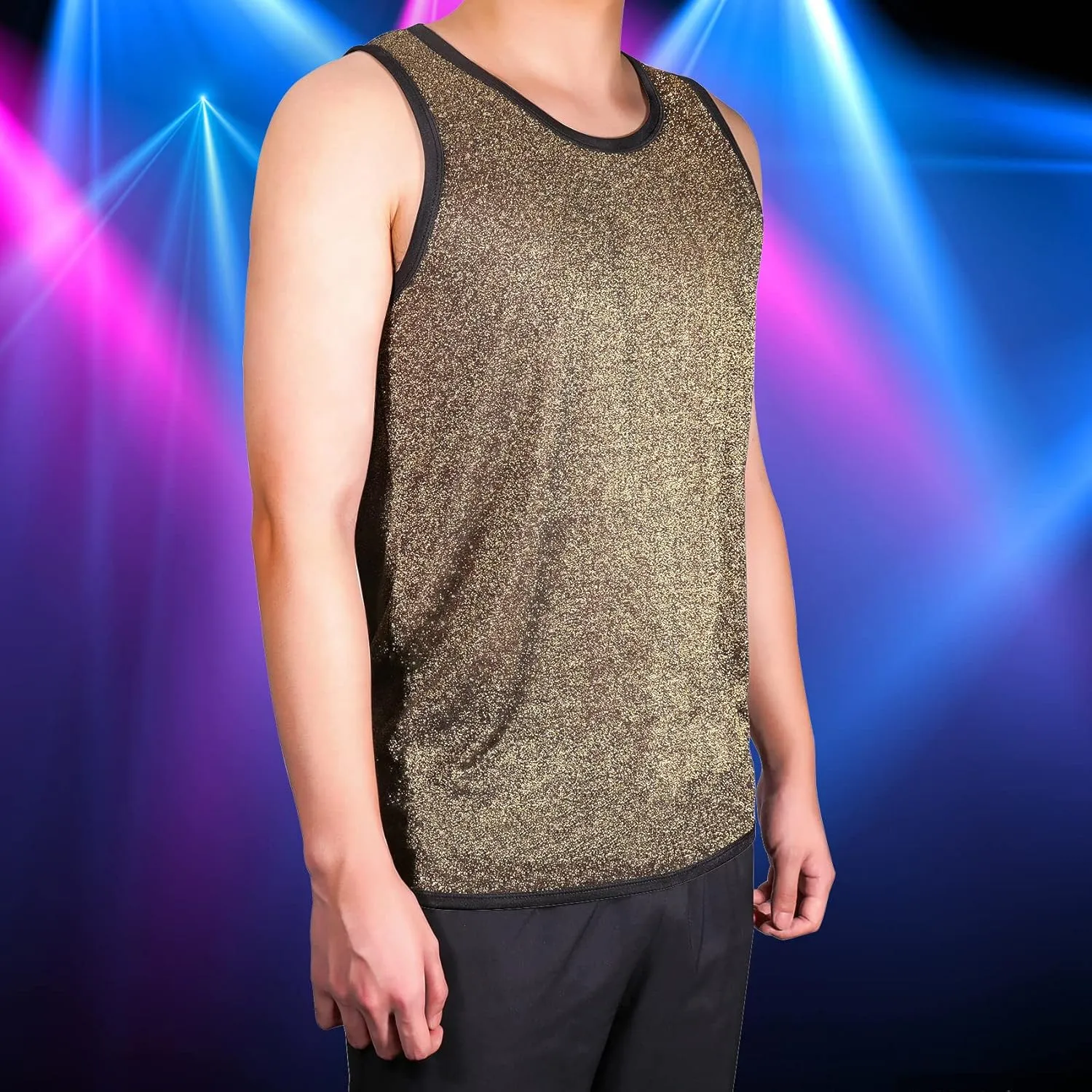 Men's Mesh Glitter Top Gold Sheer See Through Sleeveless Shirts Metallic Sequin Tank Sparkly Party Disco Tank Top