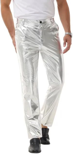 Mens Metallic Pants Night Club Rave Sequin Pants Shiny Slim Fit Trousers Disco Party Outfit