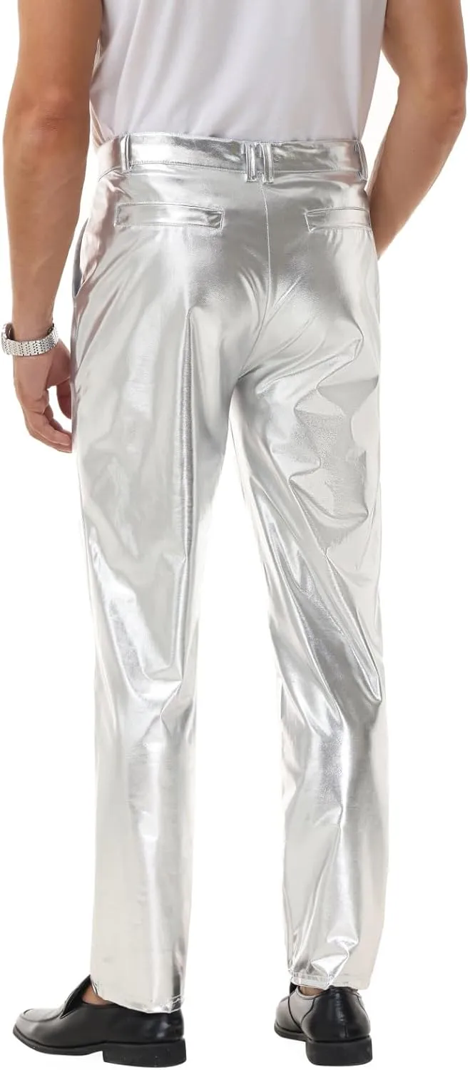 Mens Metallic Pants Night Club Rave Sequin Pants Shiny Slim Fit Trousers Disco Party Outfit
