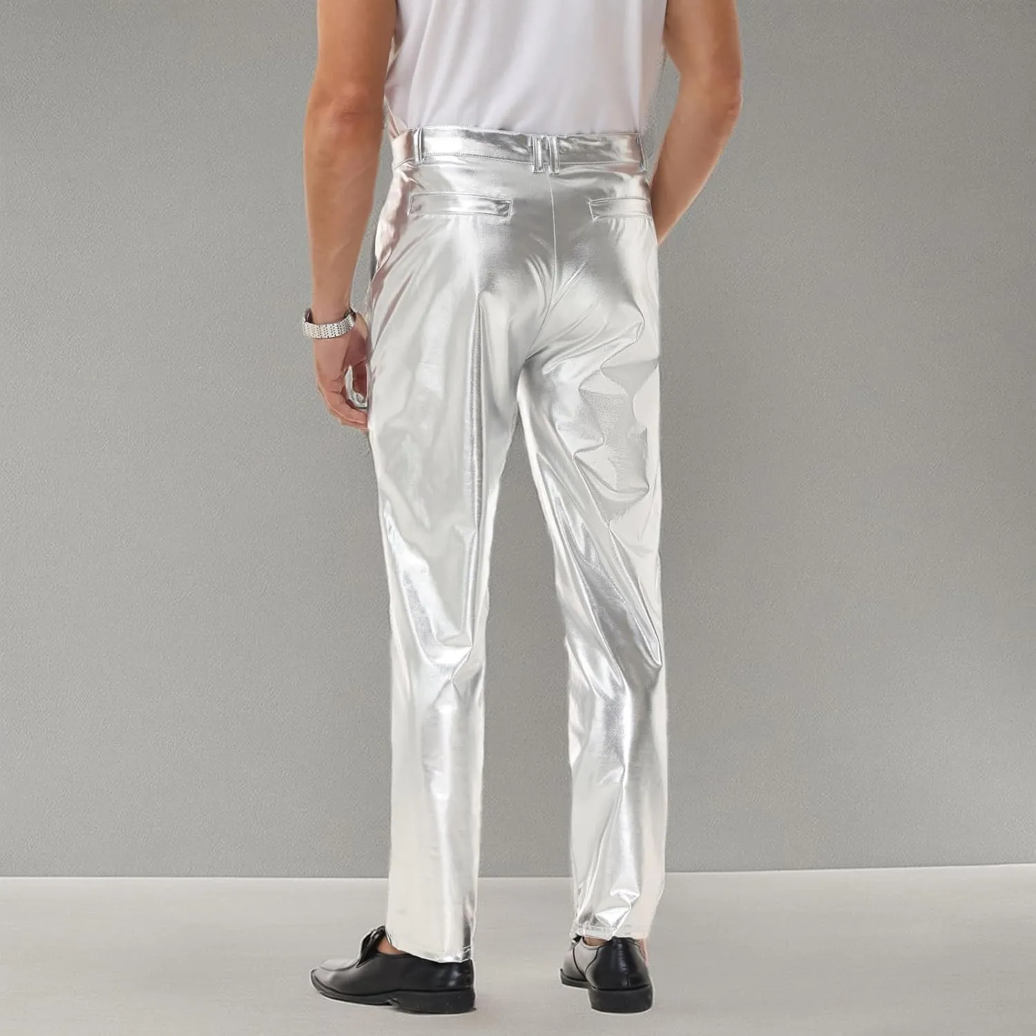 Mens Metallic Pants Night Club Rave Sequin Pants Shiny Slim Fit Trousers Disco Party Outfit