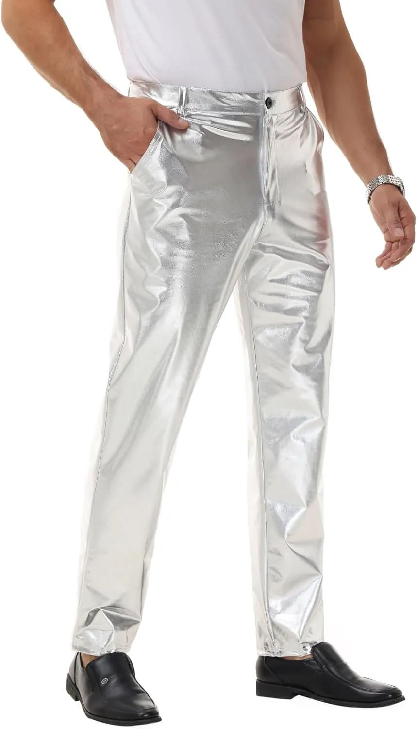 Mens Metallic Pants Night Club Rave Sequin Pants Shiny Slim Fit Trousers Disco Party Outfit