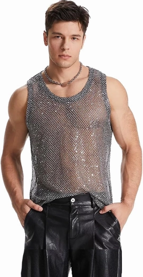 Mens Sexy Silver Metallic Reflective Fishnet Tank Tops Sleeveless See Through mesh Tank Shirt,Muscle Shirt for Men