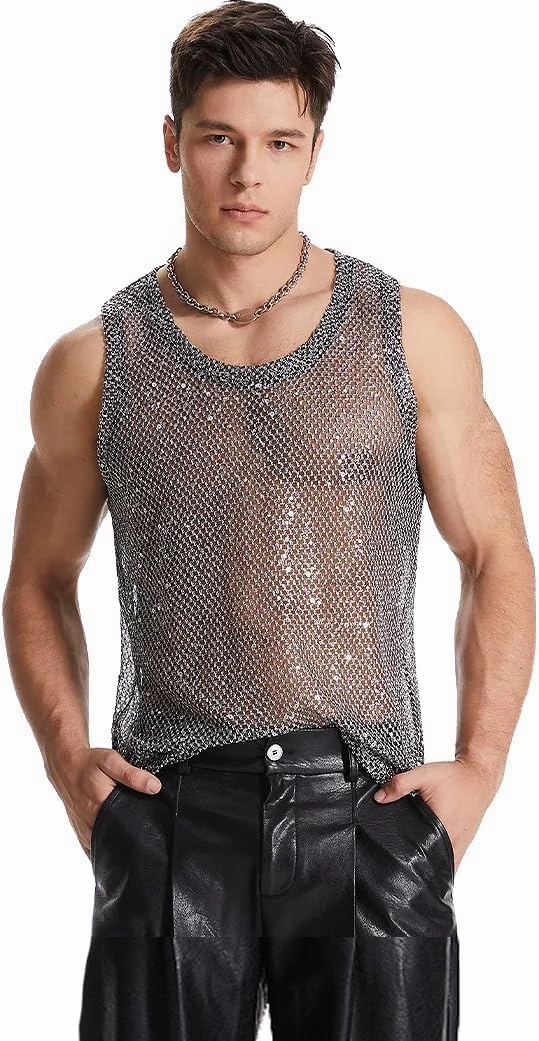Mens Sexy Silver Metallic Reflective Fishnet Tank Tops Sleeveless See Through mesh Tank Shirt,Muscle Shirt for Men