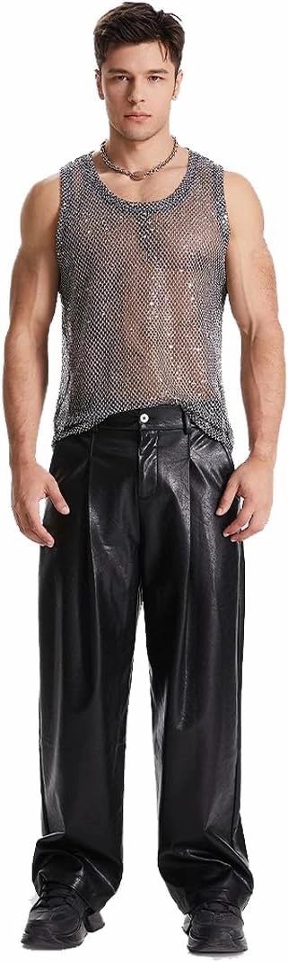 Mens Sexy Silver Metallic Reflective Fishnet Tank Tops Sleeveless See Through mesh Tank Shirt,Muscle Shirt for Men