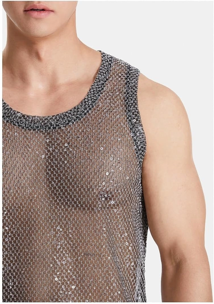 Mens Sexy Silver Metallic Reflective Fishnet Tank Tops Sleeveless See Through mesh Tank Shirt,Muscle Shirt for Men