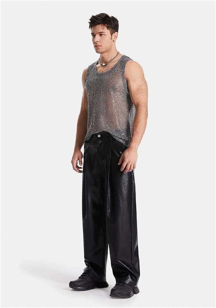 Mens Sexy Silver Metallic Reflective Fishnet Tank Tops Sleeveless See Through mesh Tank Shirt,Muscle Shirt for Men