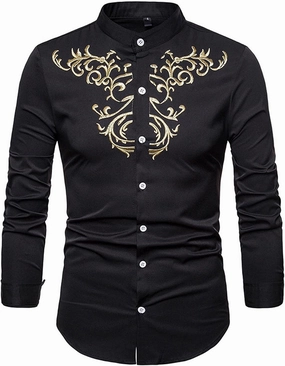 Mens T Shirts Casual Floral Embroidery Long Sleeve Dress Shirt Slim Fit Solid Button Up Tees Shirt Trendy Clothes