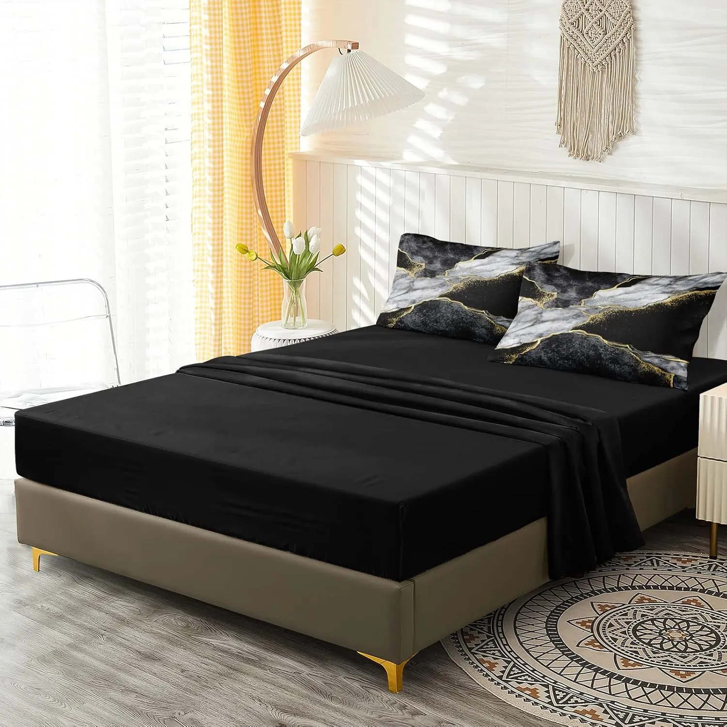Merryword Black Marble Comforter Set Queen Size 8 Pieces Bed in a Bag Gold Metallic Marble Design Bedding with 1 Comforter, 4 Pillowcase, 1 Flat Sheet, 1 Fitted Sheet, 1 Cushion Cover