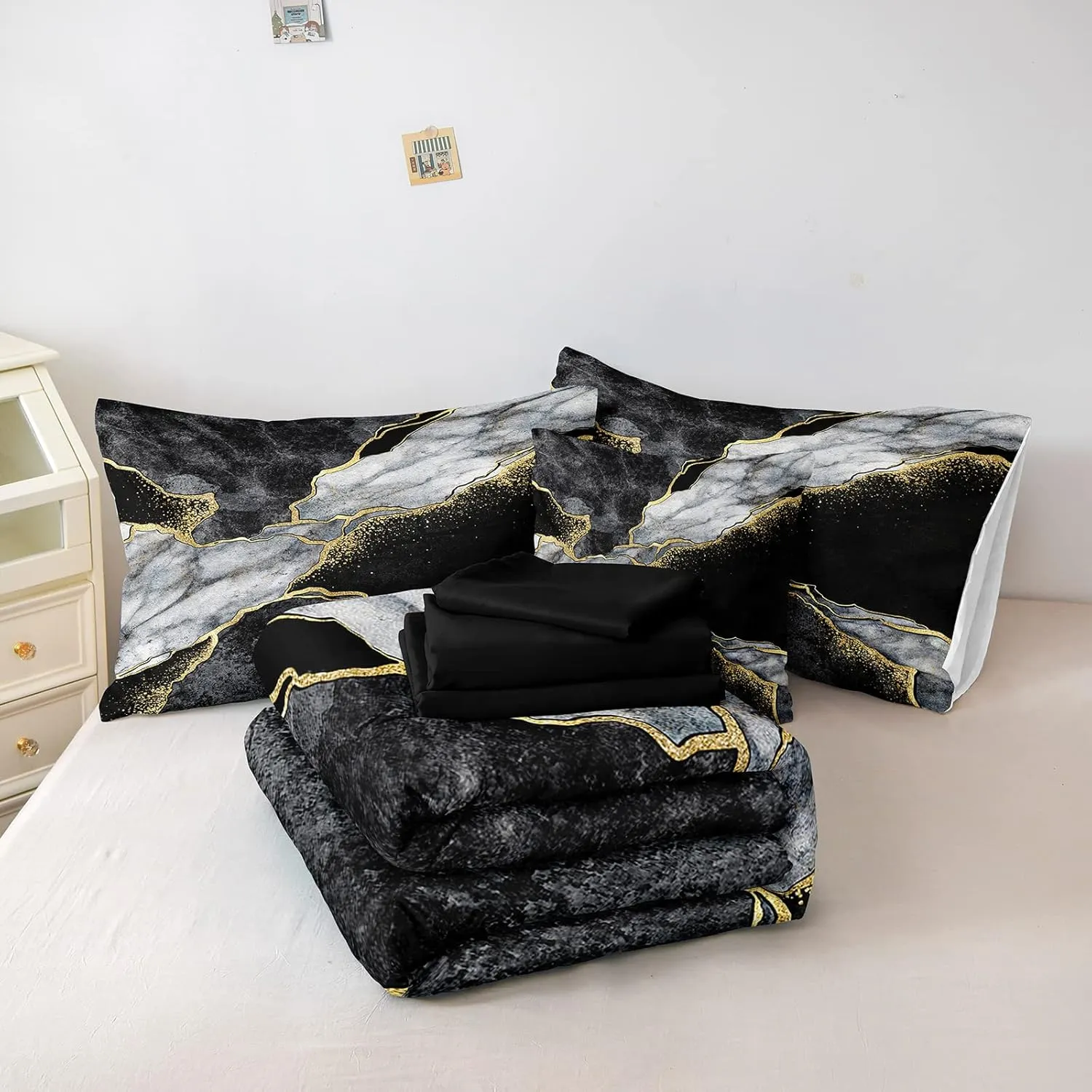 Merryword Black Marble Comforter Set Queen Size 8 Pieces Bed in a Bag Gold Metallic Marble Design Bedding with 1 Comforter, 4 Pillowcase, 1 Flat Sheet, 1 Fitted Sheet, 1 Cushion Cover