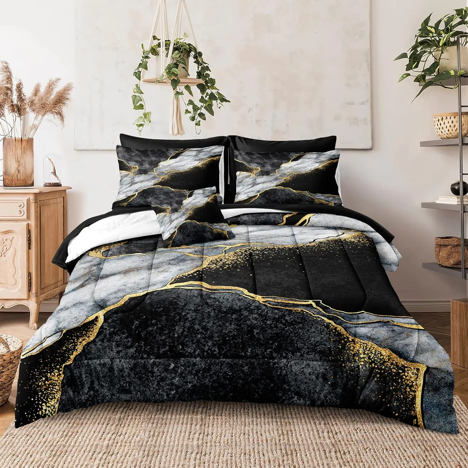 Merryword Black Marble Comforter Set Queen Size 8 Pieces Bed in a Bag Gold Metallic Marble Design Bedding with 1 Comforter, 4 Pillowcase, 1 Flat Sheet, 1 Fitted Sheet, 1 Cushion Cover