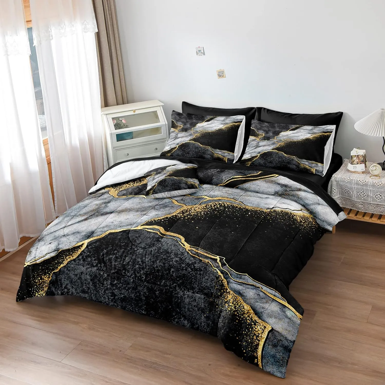 Merryword Black Marble Comforter Set Queen Size 8 Pieces Bed in a Bag Gold Metallic Marble Design Bedding with 1 Comforter, 4 Pillowcase, 1 Flat Sheet, 1 Fitted Sheet, 1 Cushion Cover