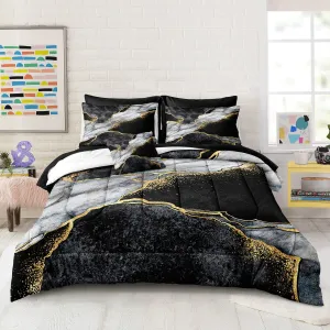 Merryword Black Marble Comforter Set Queen Size 8 Pieces Bed in a Bag Gold Metallic Marble Design Bedding with 1 Comforter, 4 Pillowcase, 1 Flat Sheet, 1 Fitted Sheet, 1 Cushion Cover