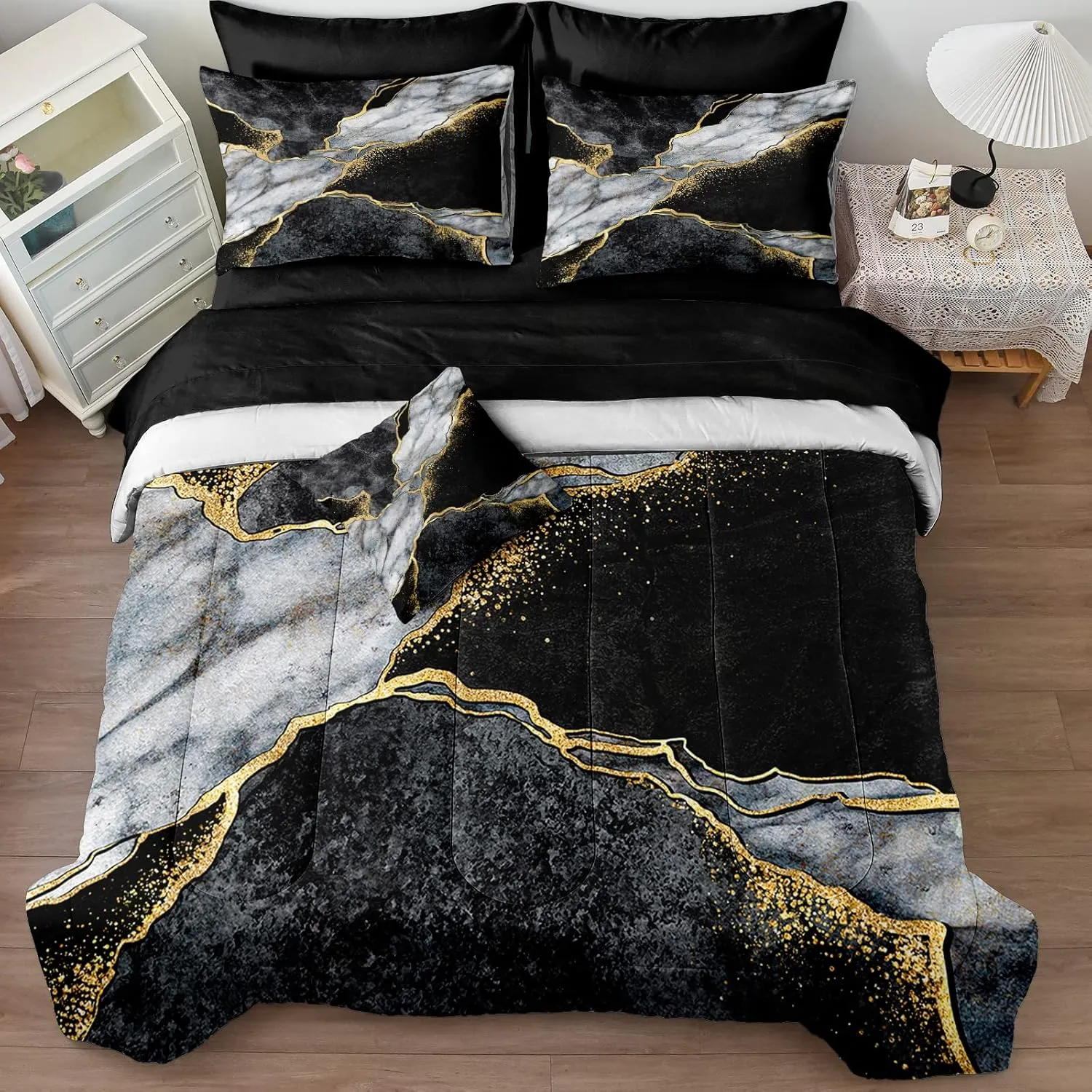 Merryword Black Marble Comforter Set Queen Size 8 Pieces Bed in a Bag Gold Metallic Marble Design Bedding with 1 Comforter, 4 Pillowcase, 1 Flat Sheet, 1 Fitted Sheet, 1 Cushion Cover