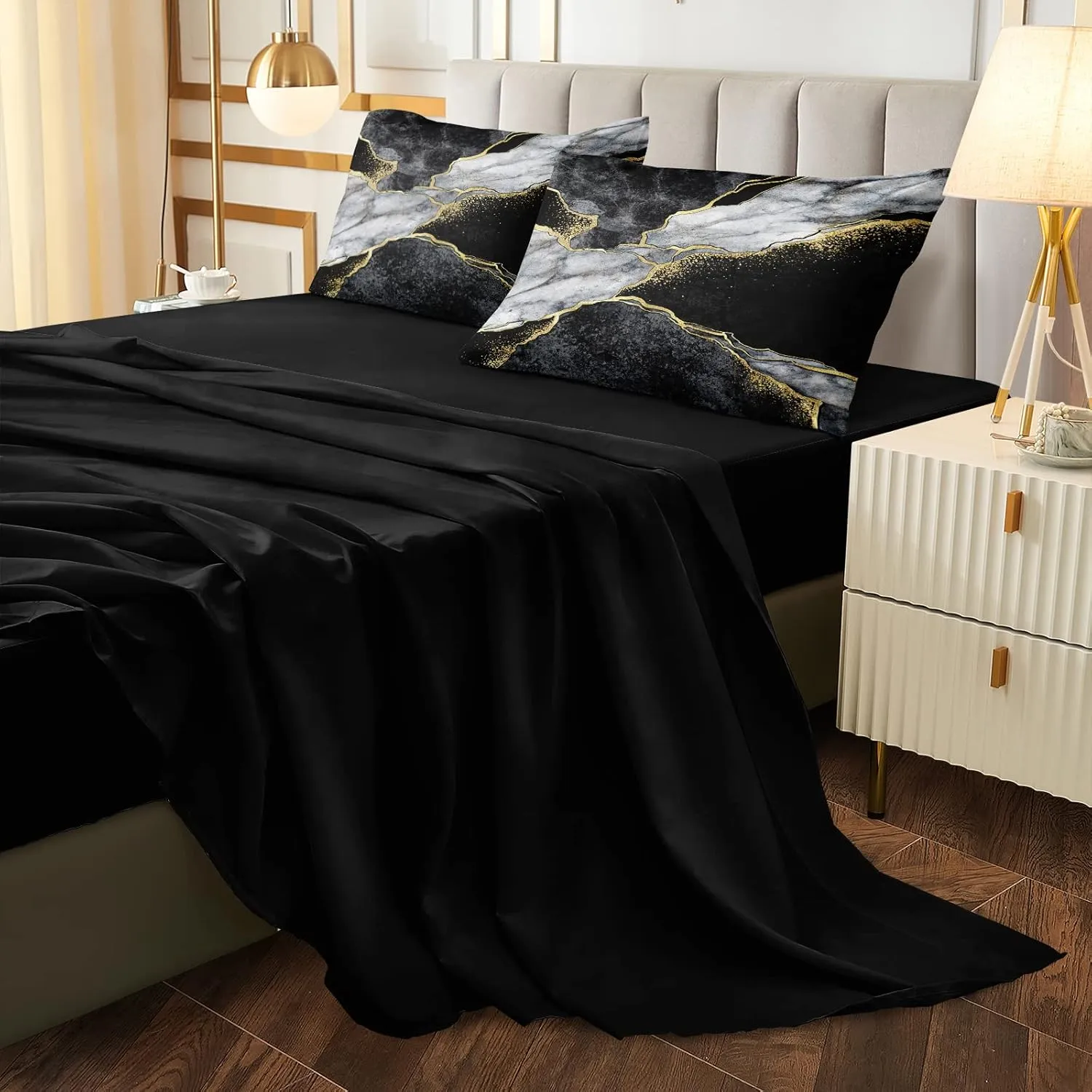 Merryword Black Marble Comforter Set Queen Size 8 Pieces Bed in a Bag Gold Metallic Marble Design Bedding with 1 Comforter, 4 Pillowcase, 1 Flat Sheet, 1 Fitted Sheet, 1 Cushion Cover