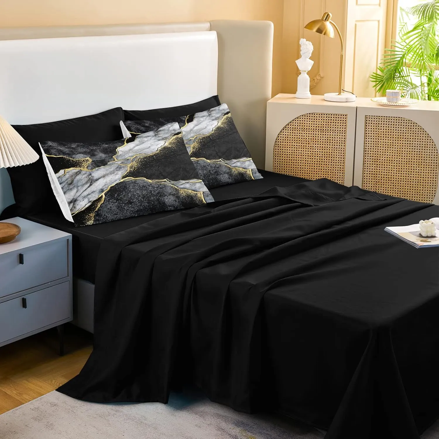 Merryword Black Marble Comforter Set Queen Size 8 Pieces Bed in a Bag Gold Metallic Marble Design Bedding with 1 Comforter, 4 Pillowcase, 1 Flat Sheet, 1 Fitted Sheet, 1 Cushion Cover