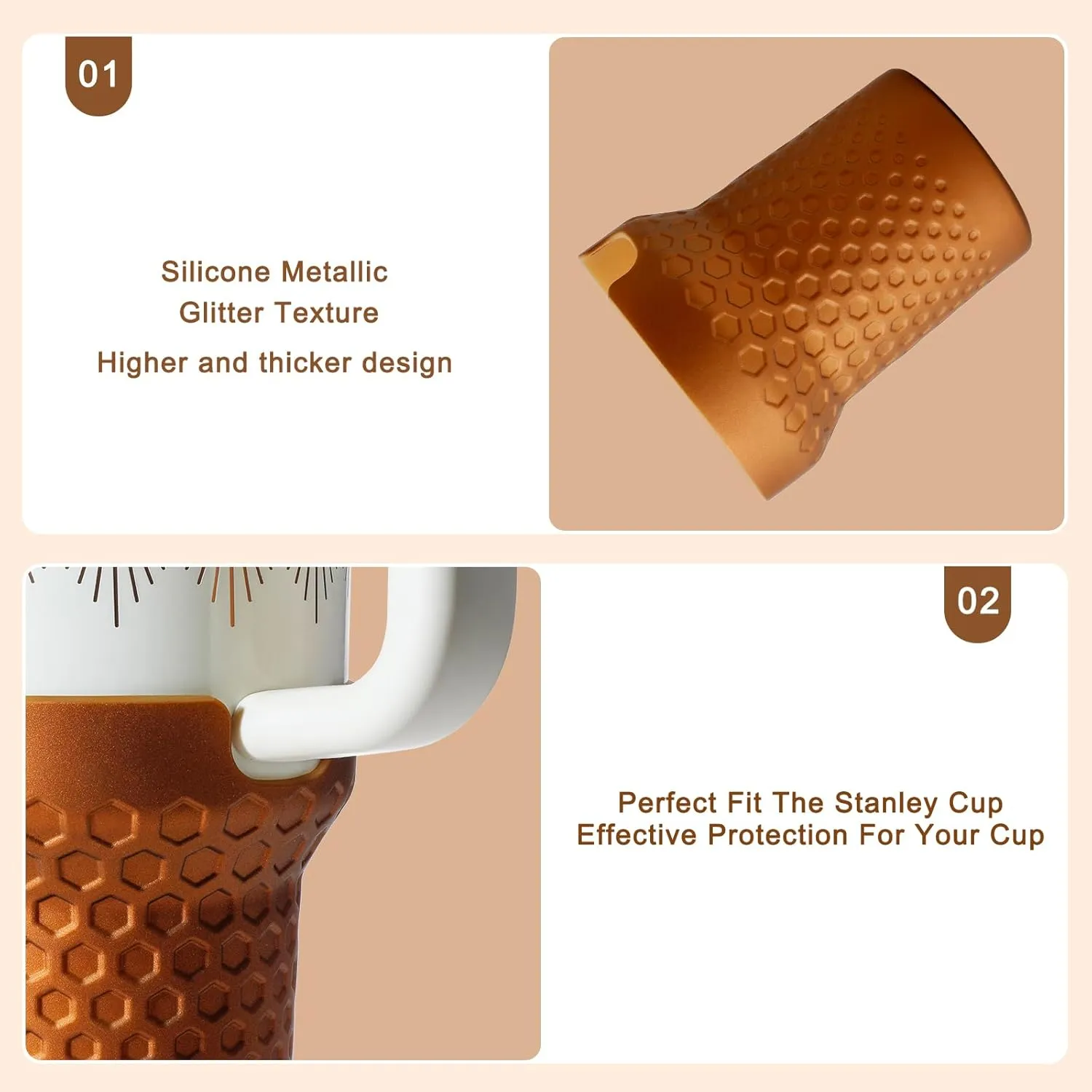 Metallic Glitter Boot for Stanley, Tall Silicone Protector Sleeve Accessories for Stanley Quencher H2.0 FlowState Tumbler 40oz / Stanley Adventure Quencher Tumbler 40oz (Bronze)