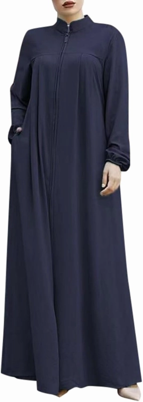 Middle Eastern Kaftans for Women Stand Collar Zip Front Wrap Modest Islamic Robe Long Sleeves Abaya with Pockets