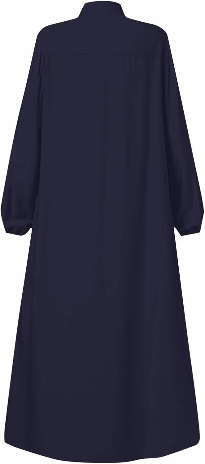 Middle Eastern Kaftans for Women Stand Collar Zip Front Wrap Modest Islamic Robe Long Sleeves Abaya with Pockets