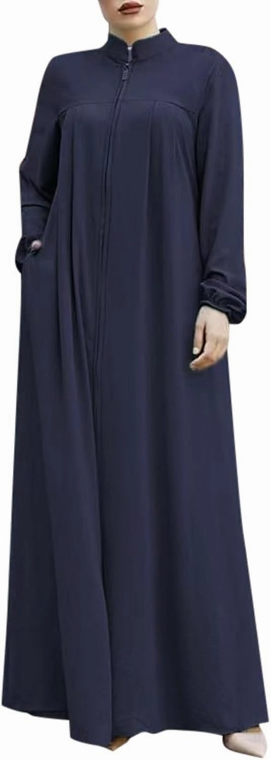 Middle Eastern Kaftans for Women Stand Collar Zip Front Wrap Modest Islamic Robe Long Sleeves Abaya with Pockets
