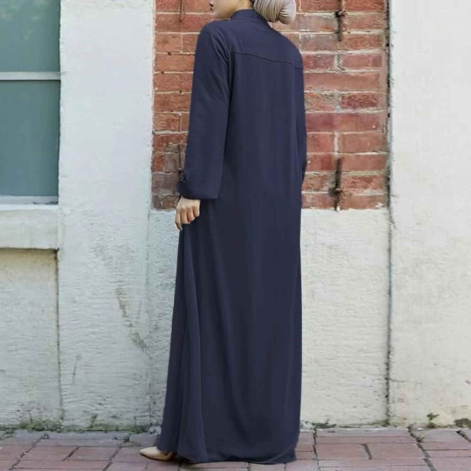 Middle Eastern Kaftans for Women Stand Collar Zip Front Wrap Modest Islamic Robe Long Sleeves Abaya with Pockets