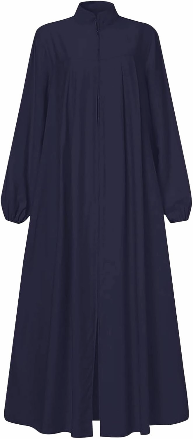 Middle Eastern Kaftans for Women Stand Collar Zip Front Wrap Modest Islamic Robe Long Sleeves Abaya with Pockets