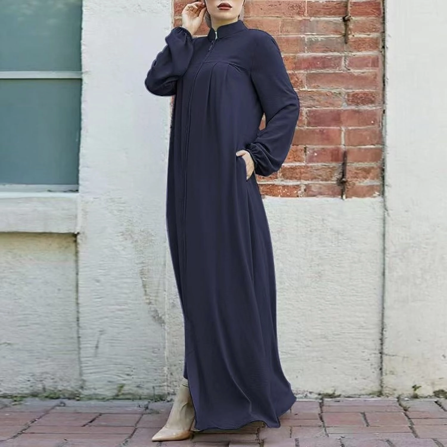 Middle Eastern Kaftans for Women Stand Collar Zip Front Wrap Modest Islamic Robe Long Sleeves Abaya with Pockets