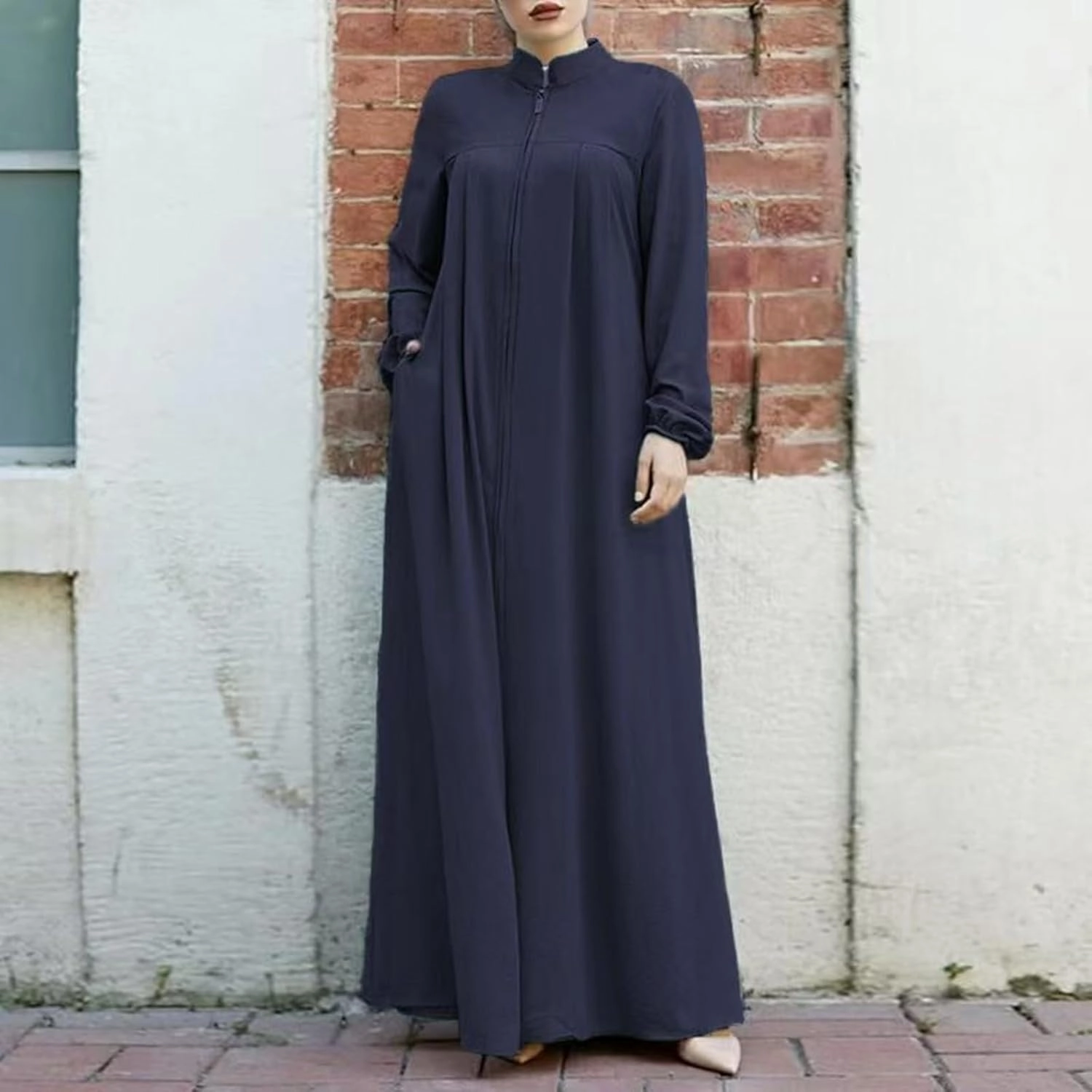 Middle Eastern Kaftans for Women Stand Collar Zip Front Wrap Modest Islamic Robe Long Sleeves Abaya with Pockets